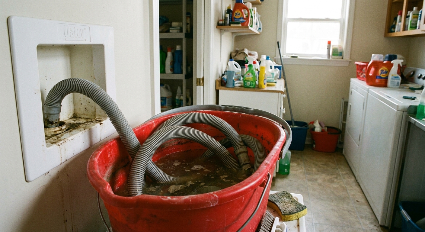 A real laundry room washer standpipe box with the flexible drain hose pulled out and resting in a bucket, ready for cleaning