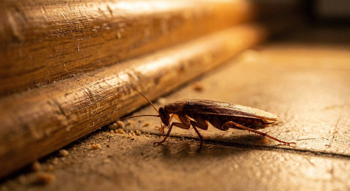 A real-life close-up photo of a brown cockroach on a kitchen floor near a baseboard under warm indoor lighting, shallow depth of field