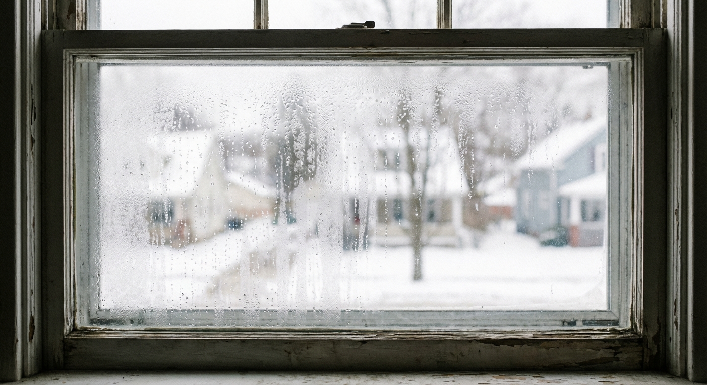 A real-life close-up photo of a double-hung window on a cold morning with small water droplets on the interior glass and a soft, out-of-focus view of a neighborhood outside