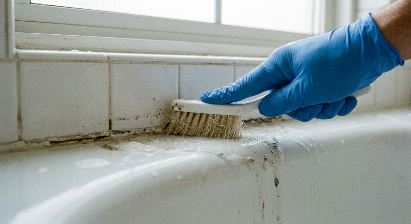 A real-life close-up photo of a gloved hand using a small nylon brush to scrub a shower caulk line at the tub edge