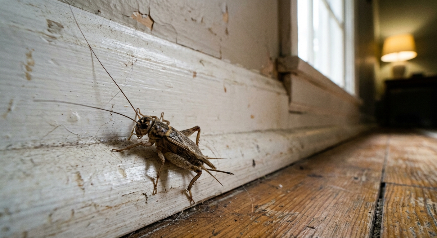 A real-life close-up photo of a single house cricket on a painted baseboard inside a home hallway, shot at floor level with soft indoor lighting