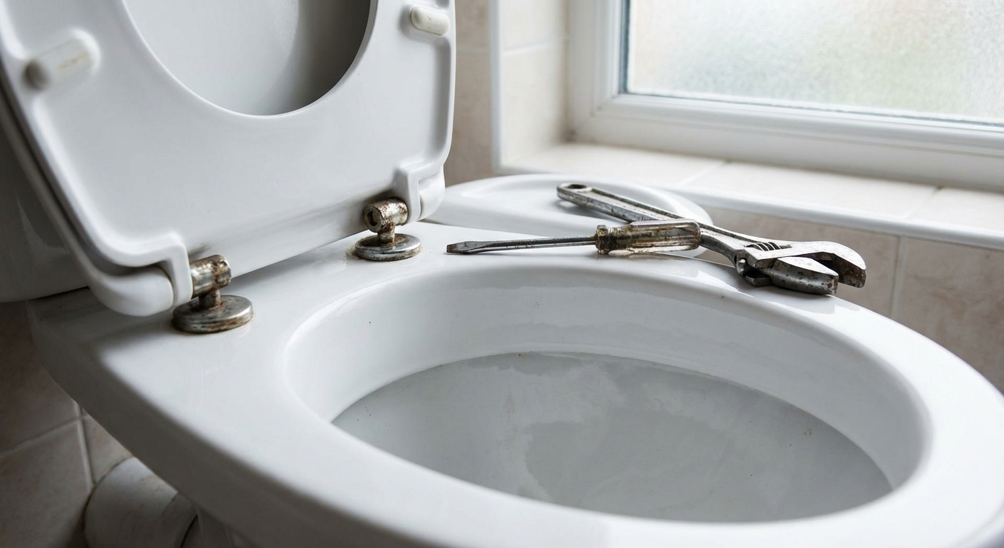 A real-life close-up photo of a toilet with the lid up, showing the two seat hinge bolts at the back of the bowl, with a screwdriver and adjustable wrench resting on the tank lid, natural bathroom lighting