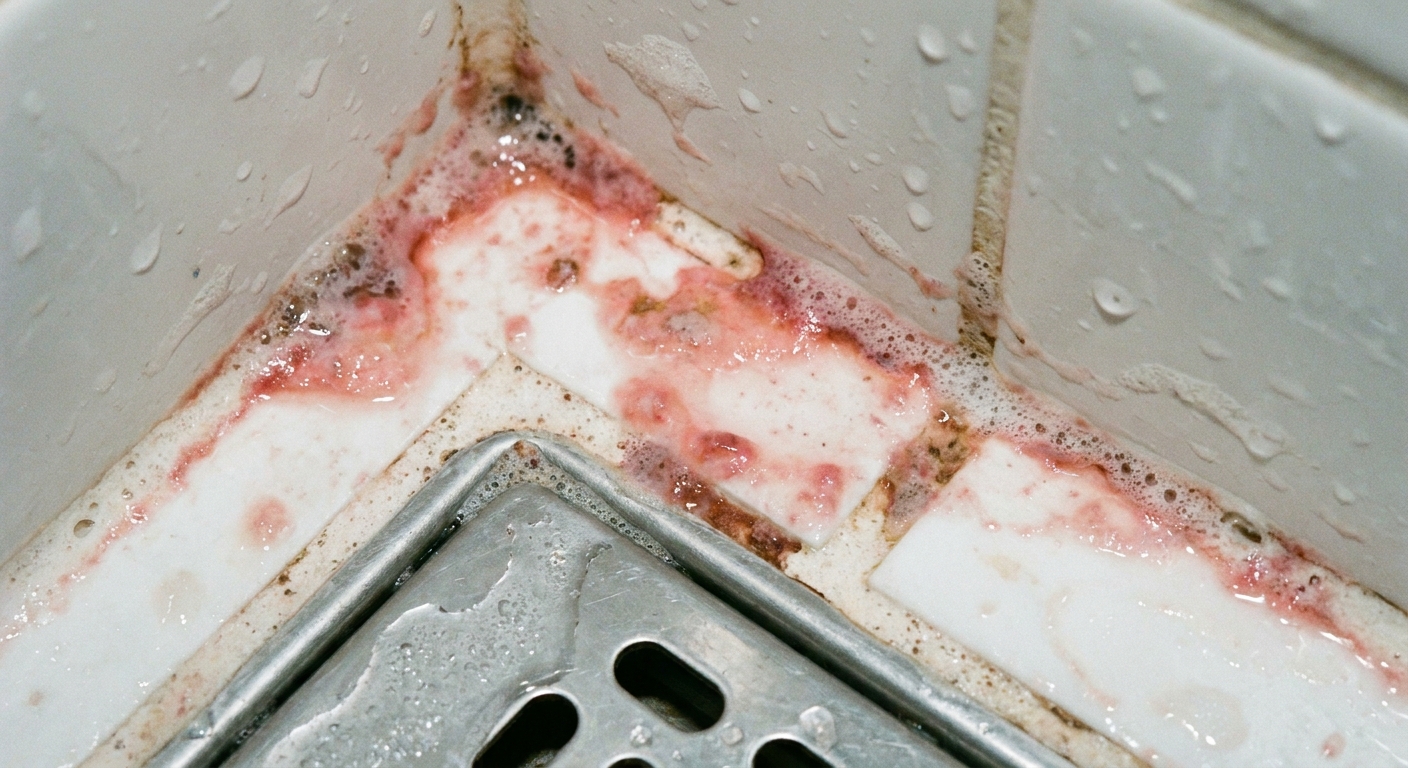 A real-life close-up photo of pink biofilm staining along white shower grout lines near a drain in a tiled shower