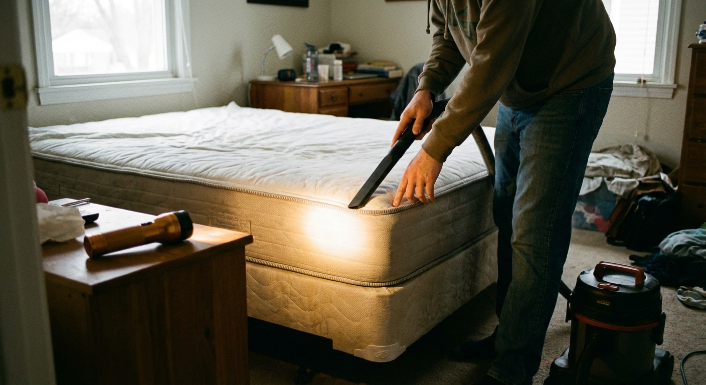 A real-life indoor photo of a person using a vacuum crevice tool along the seam of a mattress, with the bed stripped and a flashlight on the nightstand