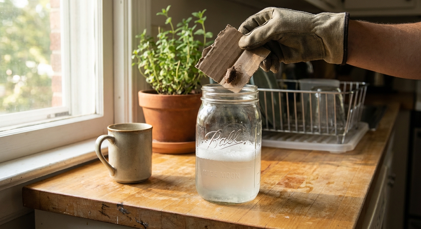 A real-life kitchen countertop scene with a clear glass jar half-filled with soapy water and a hand holding a small piece of cardboard near the jar opening, ready to drop a stink bug inside, natural indoor lighting