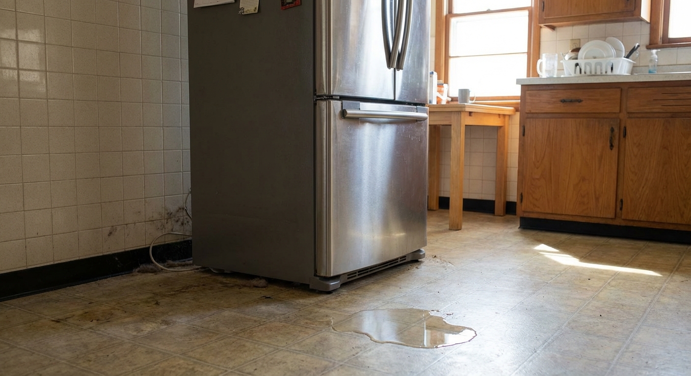 A real-life kitchen scene with a refrigerator pulled slightly away from the wall and a small puddle of water on the floor near the front left corner, natural indoor lighting, photorealistic