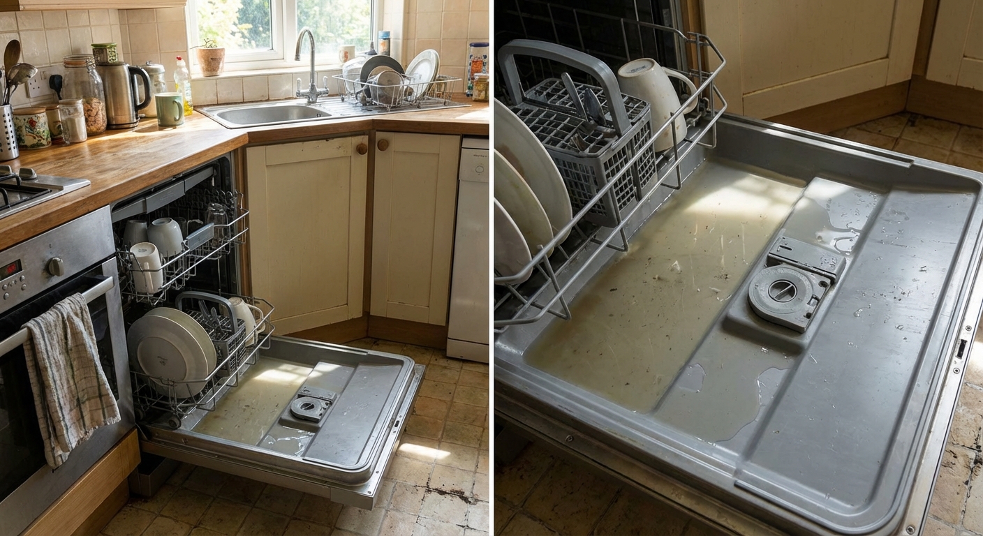 A real-life kitchen scene with an open dishwasher showing a shallow pool of standing water in the bottom basin near the filter area, natural window light, photorealistic
