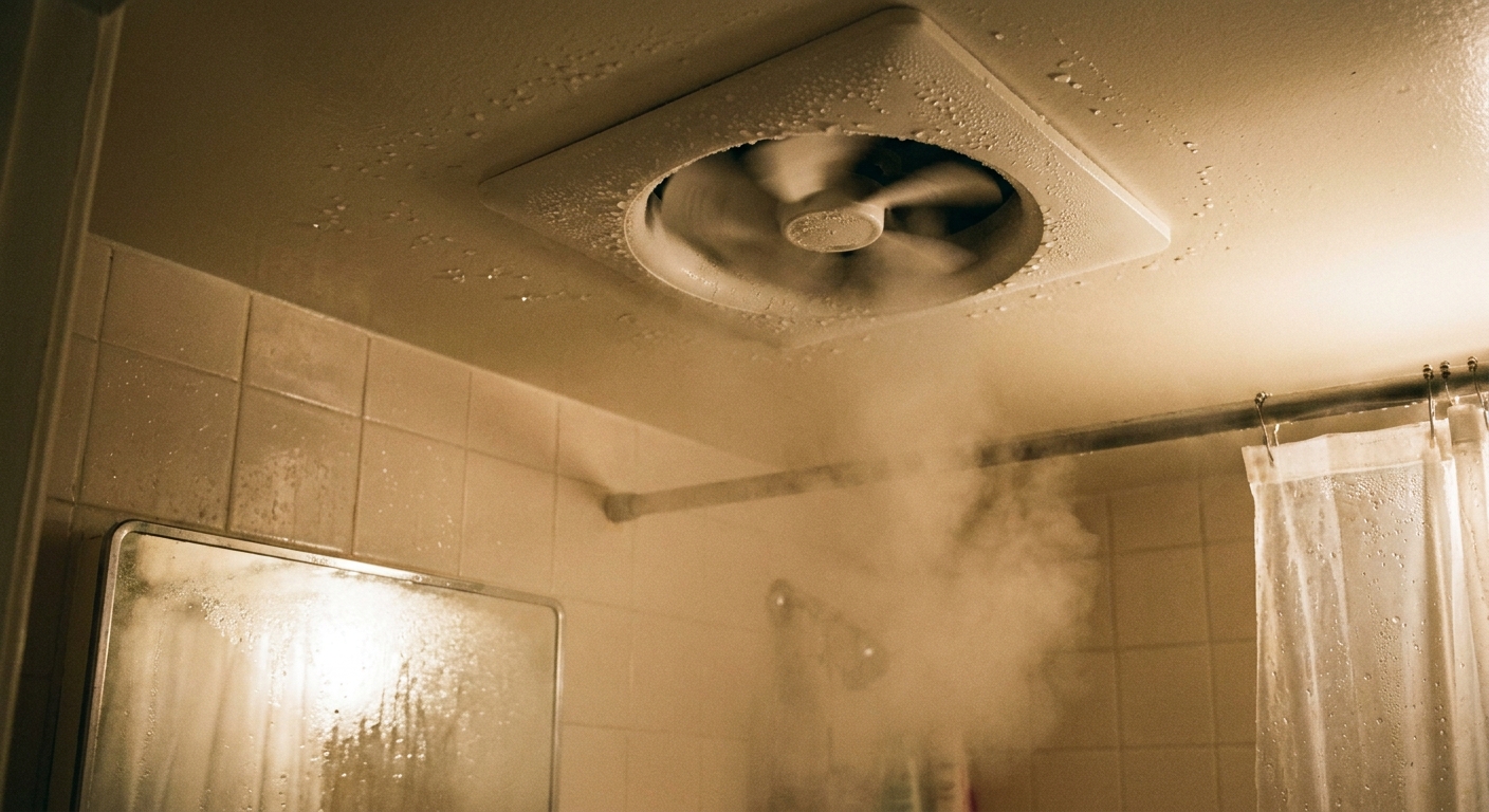 A real-life photo of a bathroom exhaust fan running while a steamy bathroom begins to clear after a shower