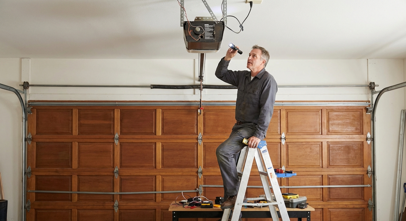 A real-life photo of a closed residential garage door with a ceiling-mounted garage door opener and a person standing on a step ladder inspecting the opener unit, natural daylight, straightforward DIY troubleshooting moment