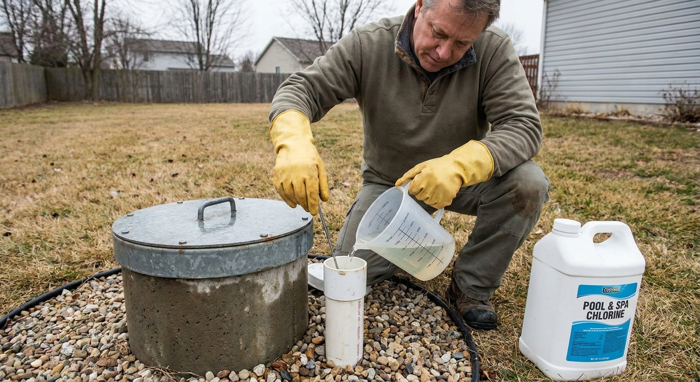 A real-life photo of a homeowner wearing rubber gloves carefully pouring a measured container of household chlorine near a capped wellhead outdoors