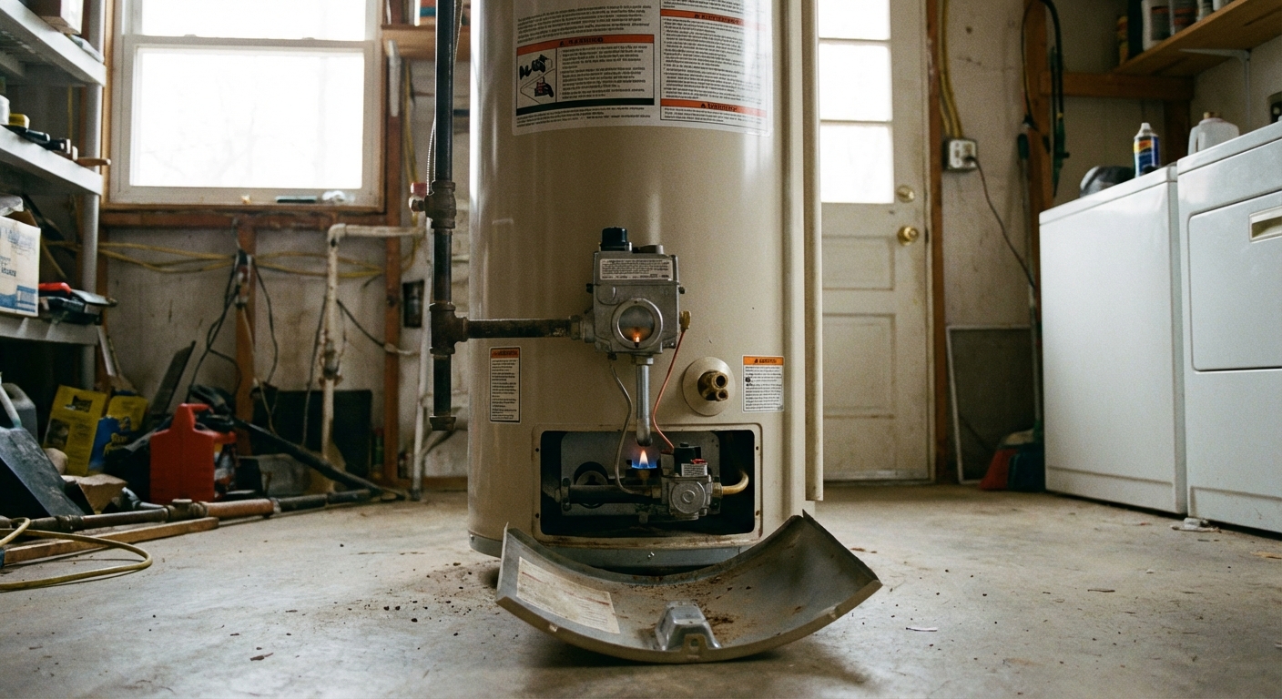 A real-life photo of a standard residential gas water heater in a utility room with the lower access panel removed, showing the pilot viewing window area and burner compartment, natural indoor lighting