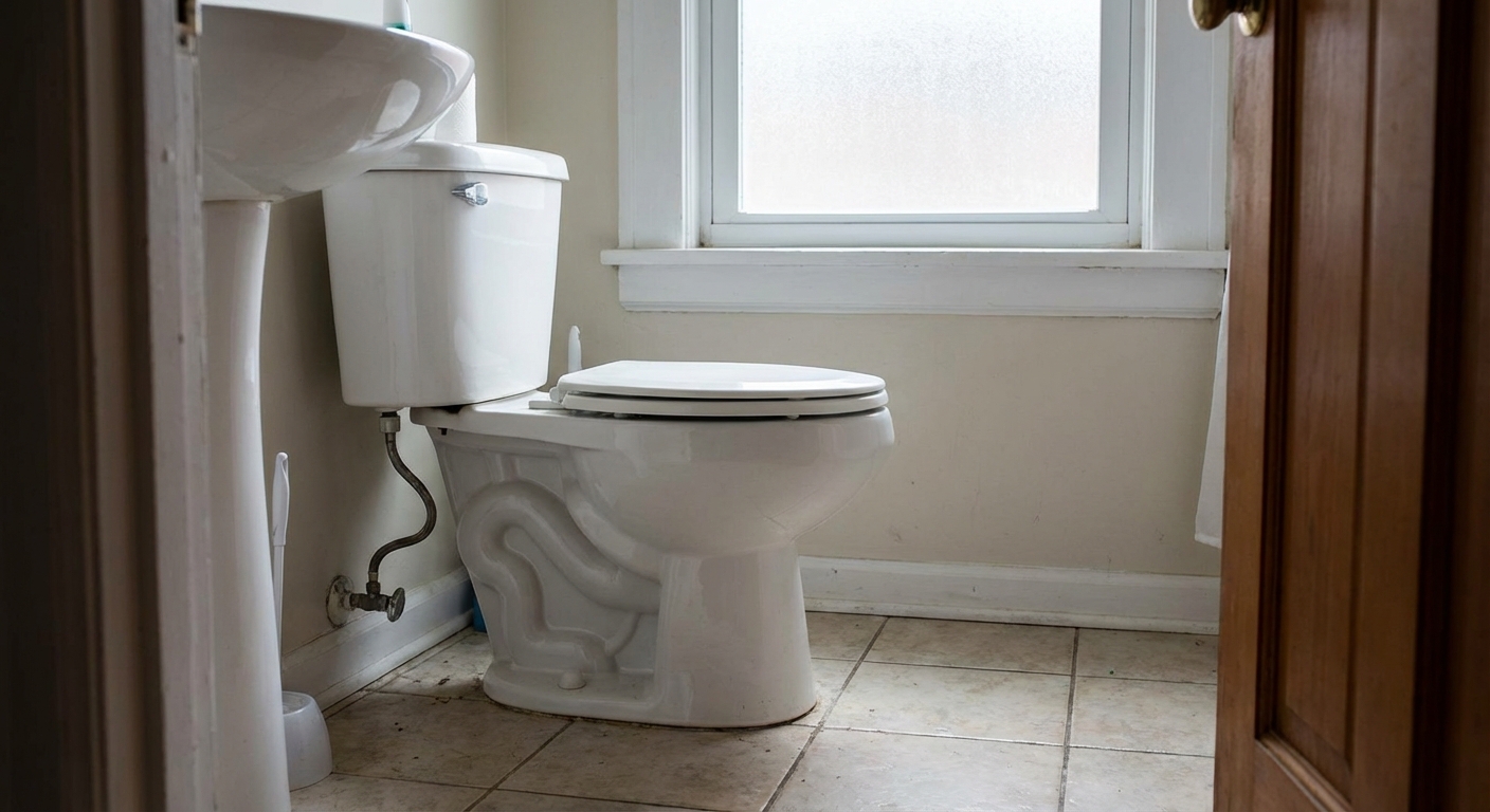 A real-life photo of a standard white toilet in a small bathroom with tile flooring, taken at eye level, natural indoor lighting, showing the toilet base and surrounding floor clearly