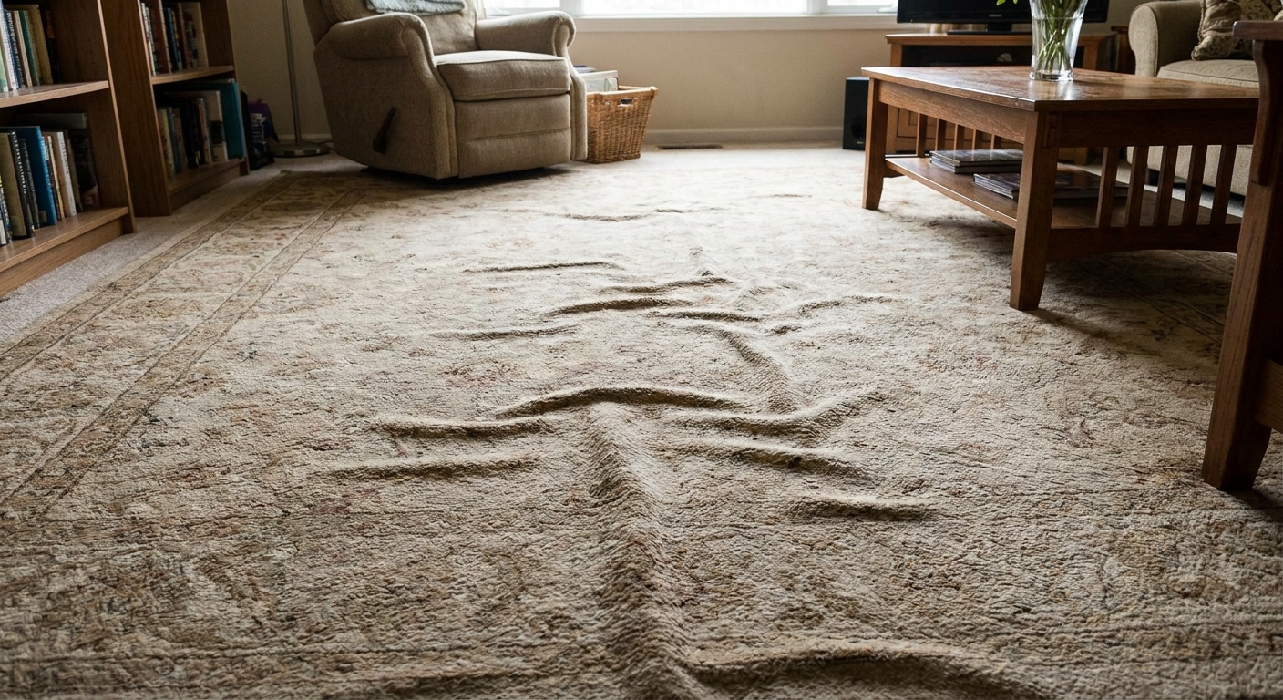 A real living room carpet with visible ripples and buckles forming raised waves across a walking path, natural indoor light, realistic home photo
