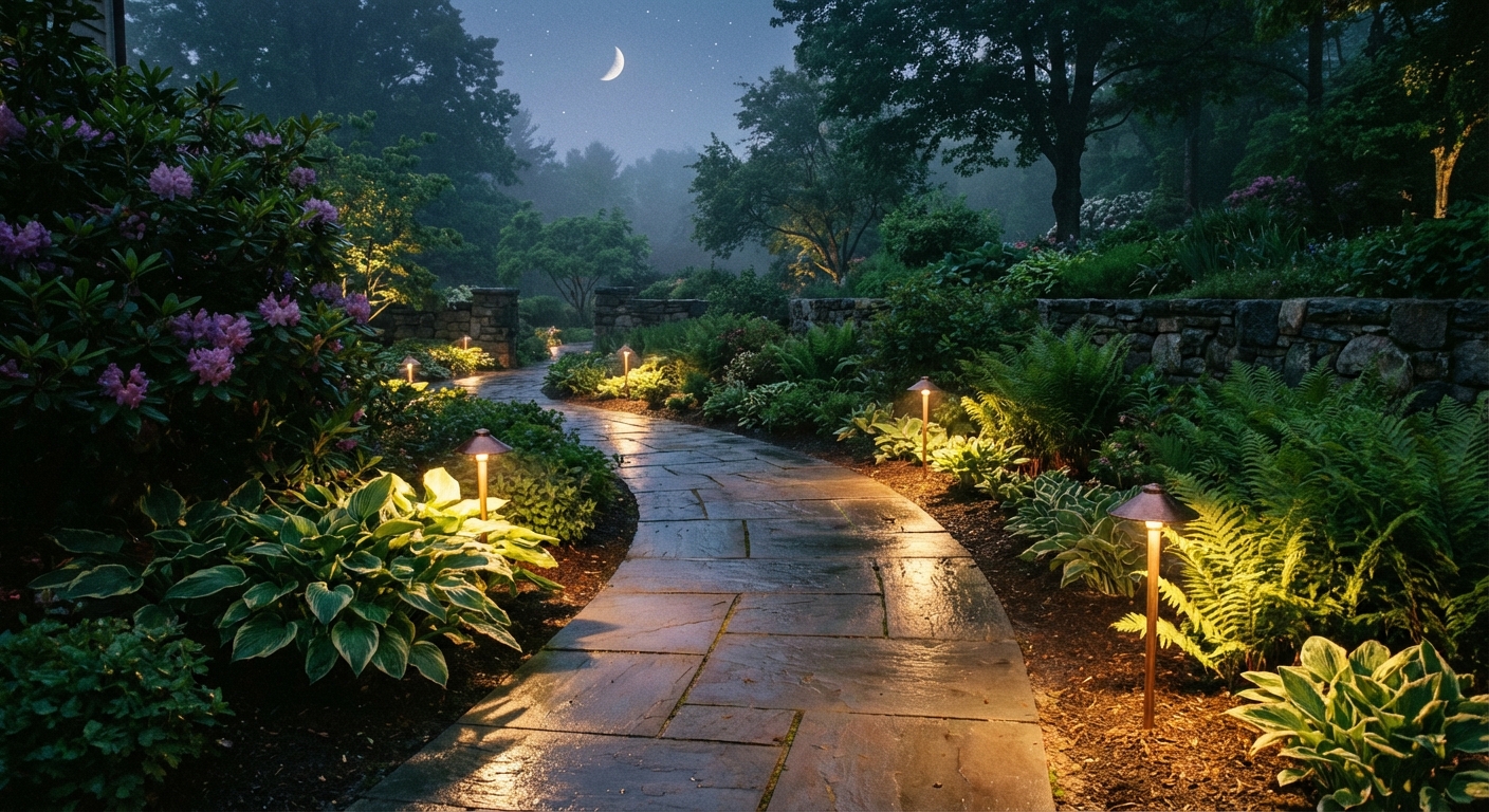 A real nighttime photo of a curved garden walkway with low-voltage path lights staggered on both sides