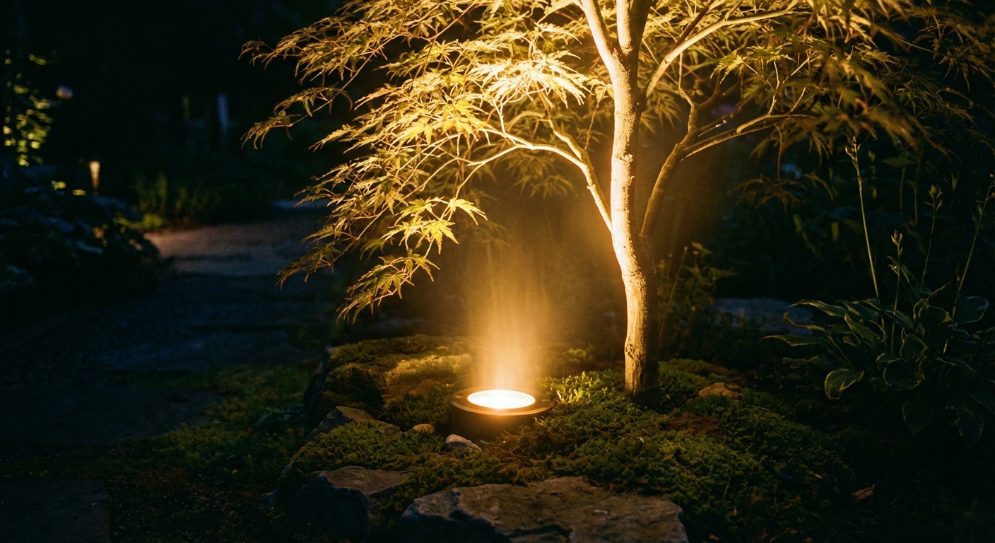 A real nighttime photo of an in-ground well light at the base of a small ornamental tree casting light upward