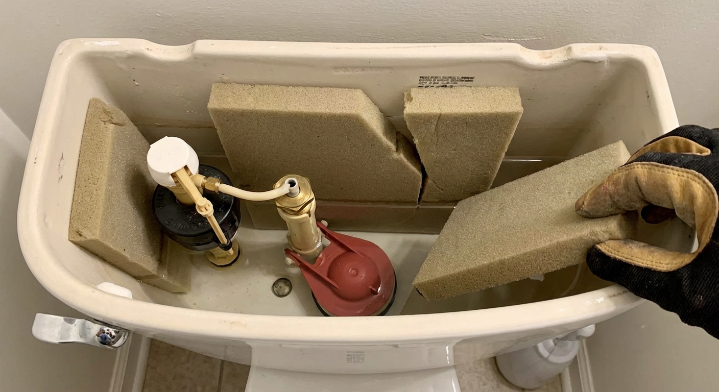 A real open toilet tank with the lid removed, showing foam insulation panels being fitted against the inside walls, with the flapper and fill valve visible, bright bathroom lighting, photorealistic