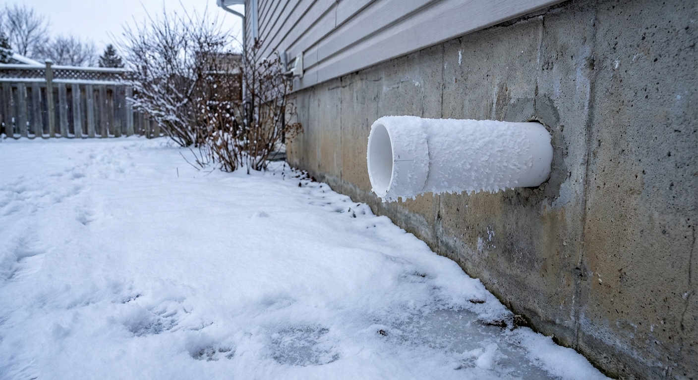 A real outdoor PVC discharge pipe exiting a house foundation in winter with visible frost on the pipe and snow on the ground