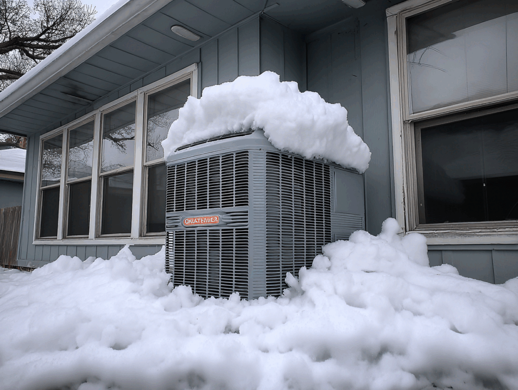A real outdoor heat pump condenser partially surrounded by snow drifts with the coil area visibly restricted, winter exterior photo