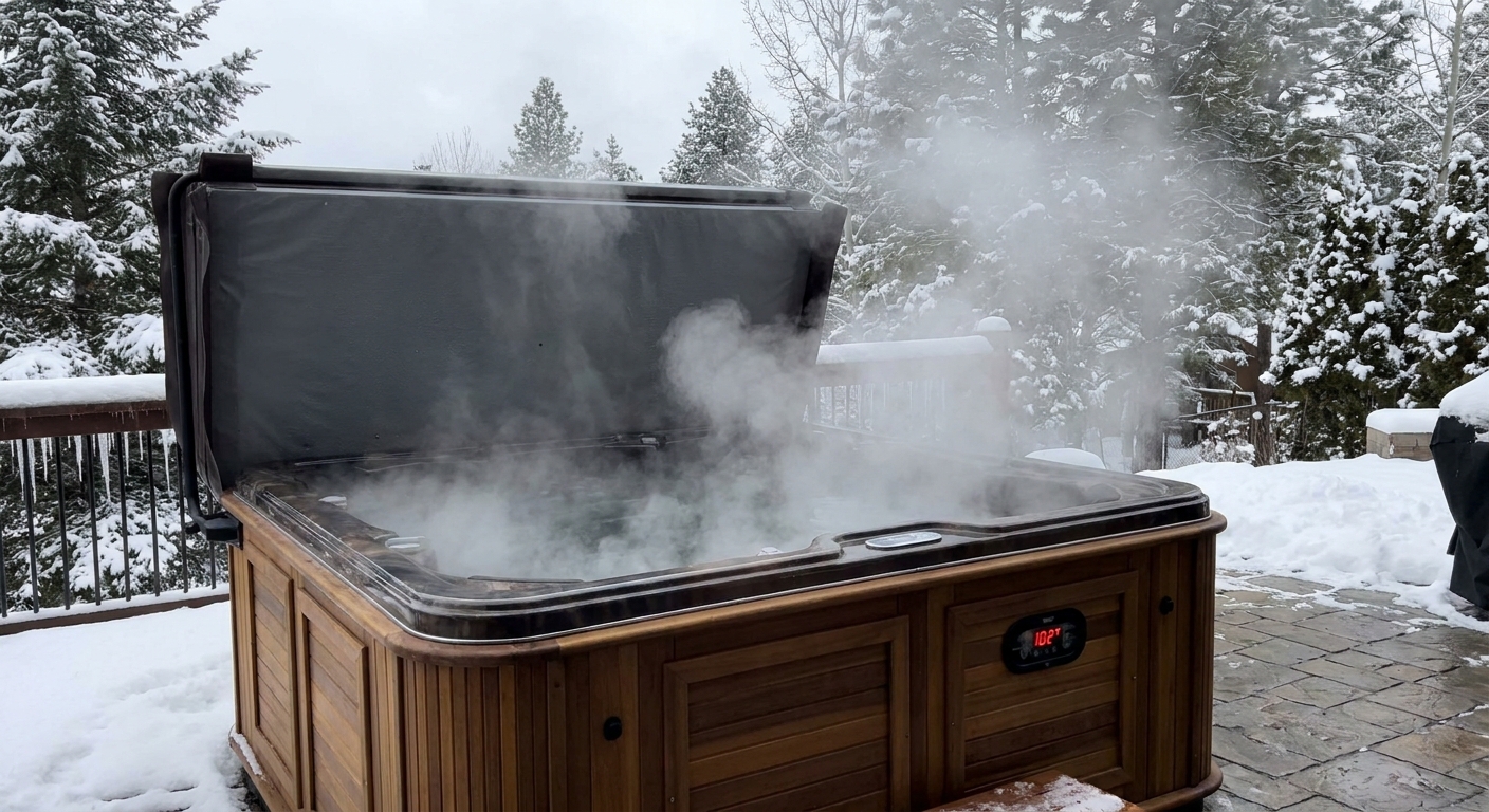 A real outdoor hot tub on a cold day with steam rising while the insulated cover sits partially closed