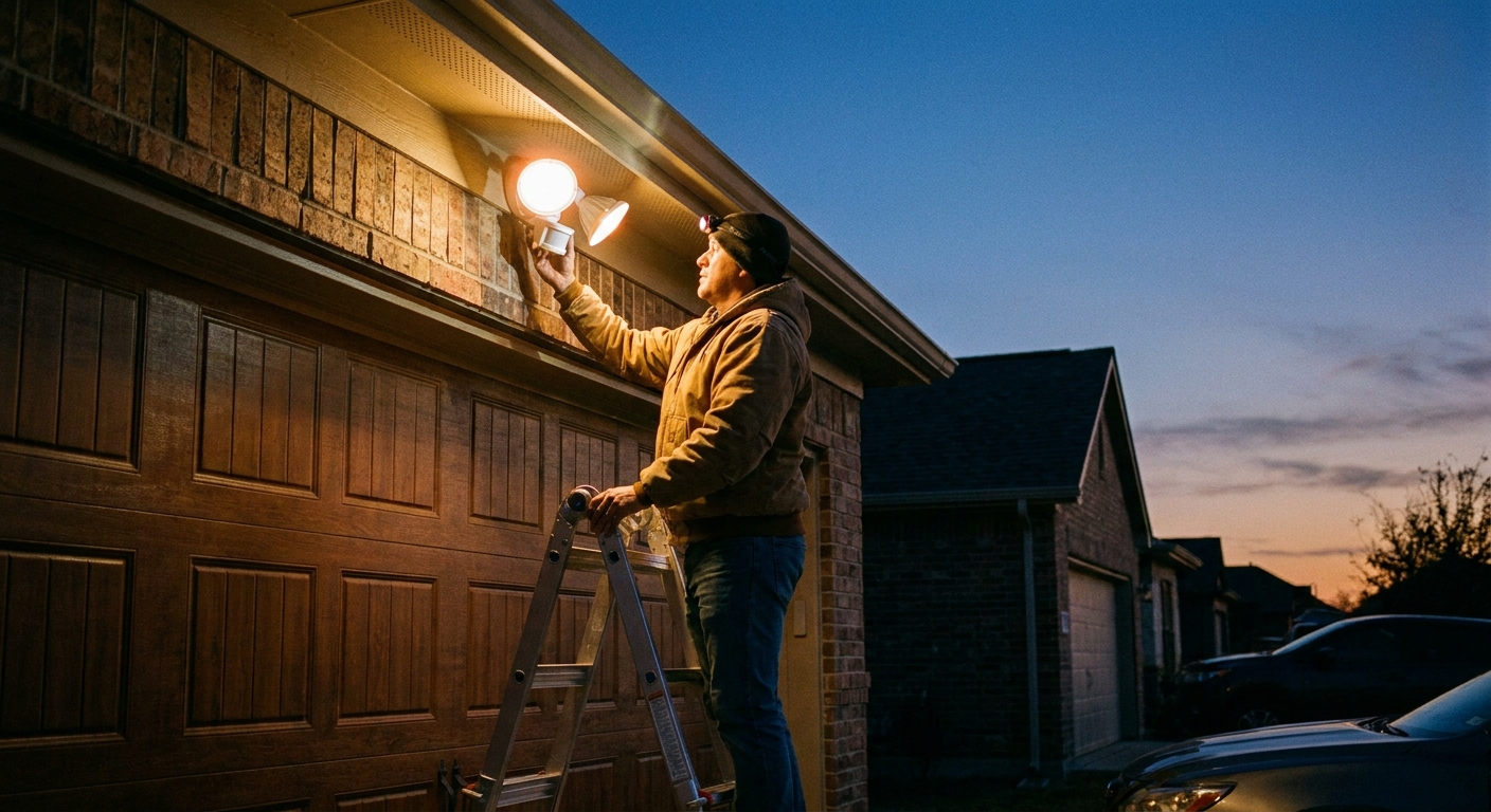A real outdoor motion-sensor floodlight mounted above a garage door at dusk, with one person standing on a step ladder inspecting the sensor head and light fixture