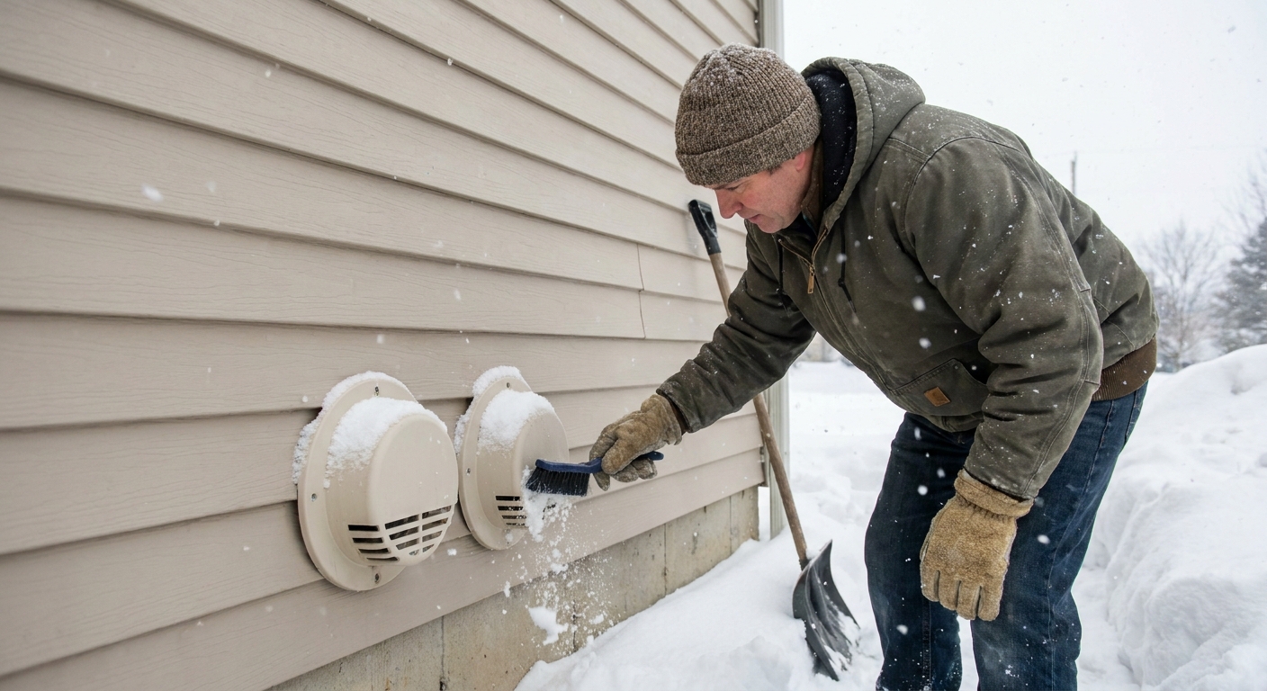A real outdoor photo of a homeowner in winter gloves brushing snow away from two plastic vent terminations on the side of a house