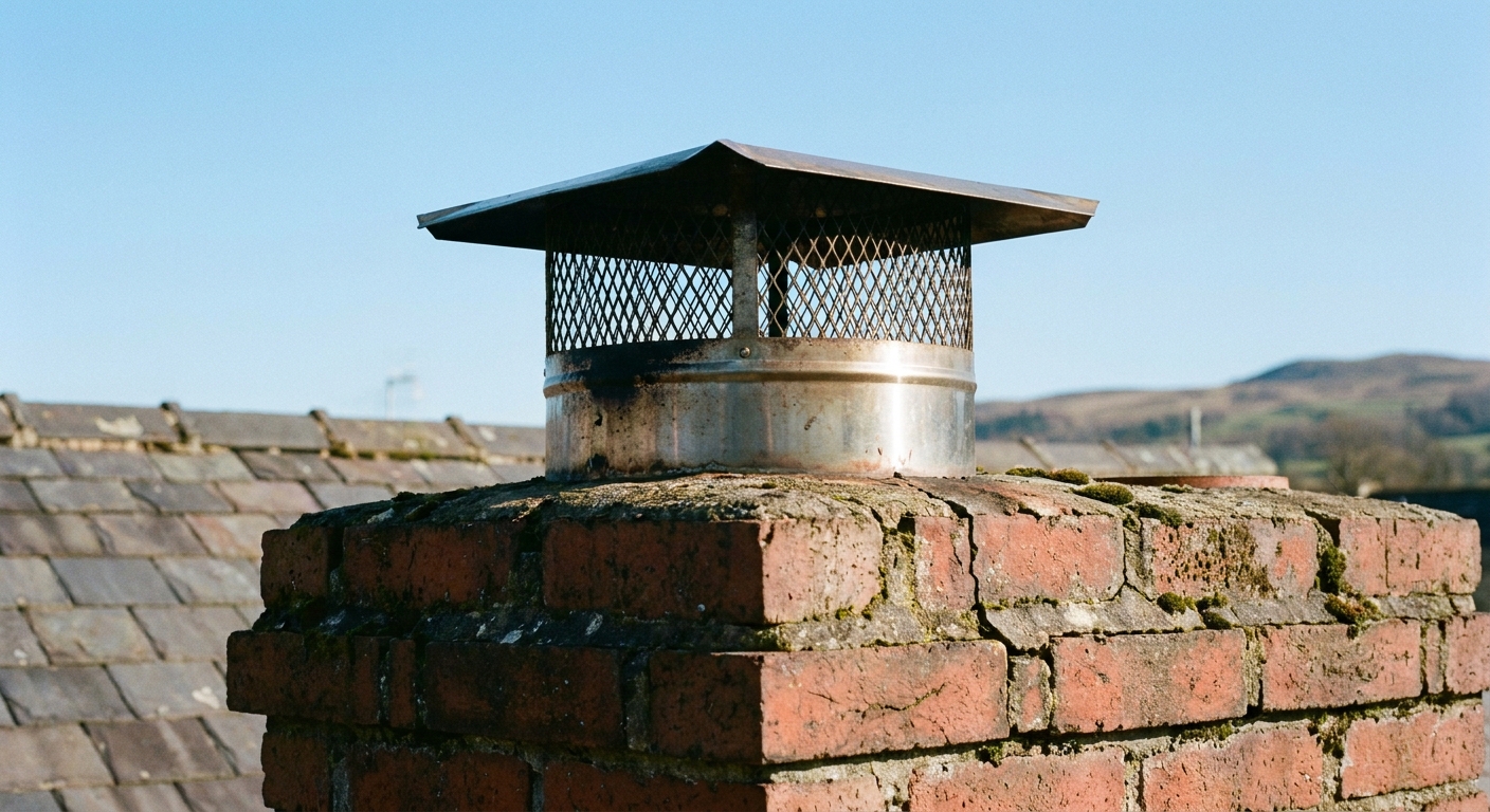 A real outdoor photo of a stainless steel chimney cap with mesh screen installed on top of a brick chimney under a clear sky