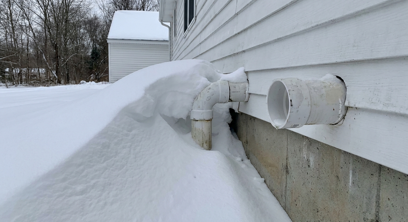 A real outdoor photo of two white plastic vent pipes on the side of a house in winter, with one termination partially buried in a snow drift near the foundation