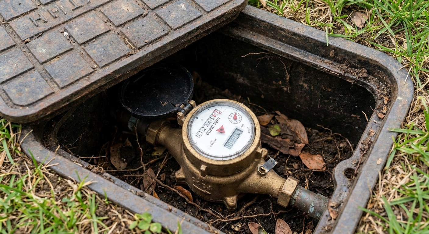 A real outdoor residential water meter in a ground box with the lid open, showing the dial and small leak indicator triangle in natural daylight