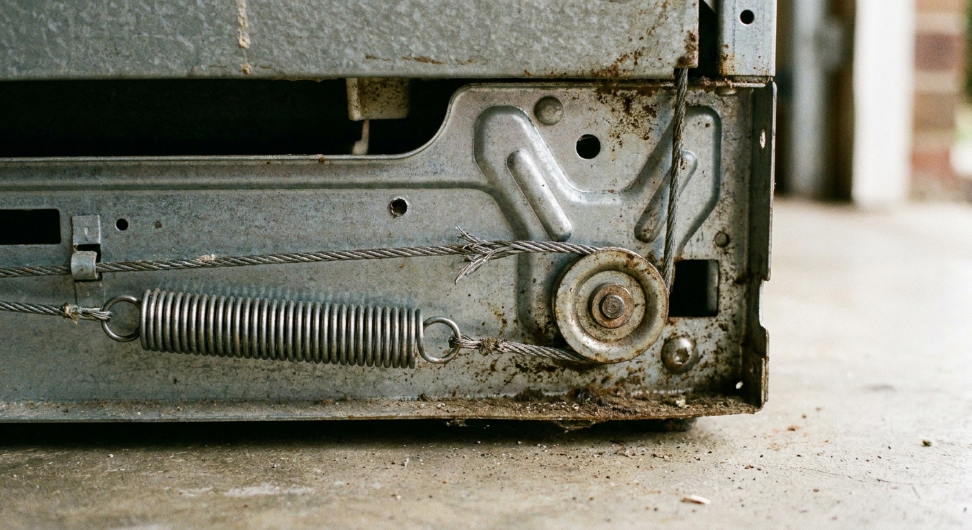 A real photo close-up of a dishwasher side base area showing a tension spring attached to a rope or cable routed around a small pulley near the frame