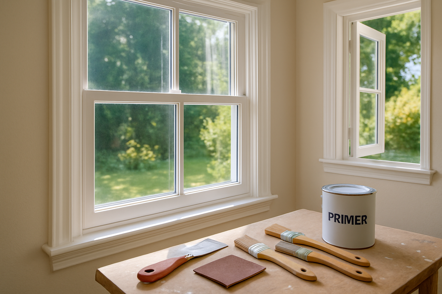 A real photo close-up of a double-hung window corner where a scored paint line is visible between the sash and the interior stop molding