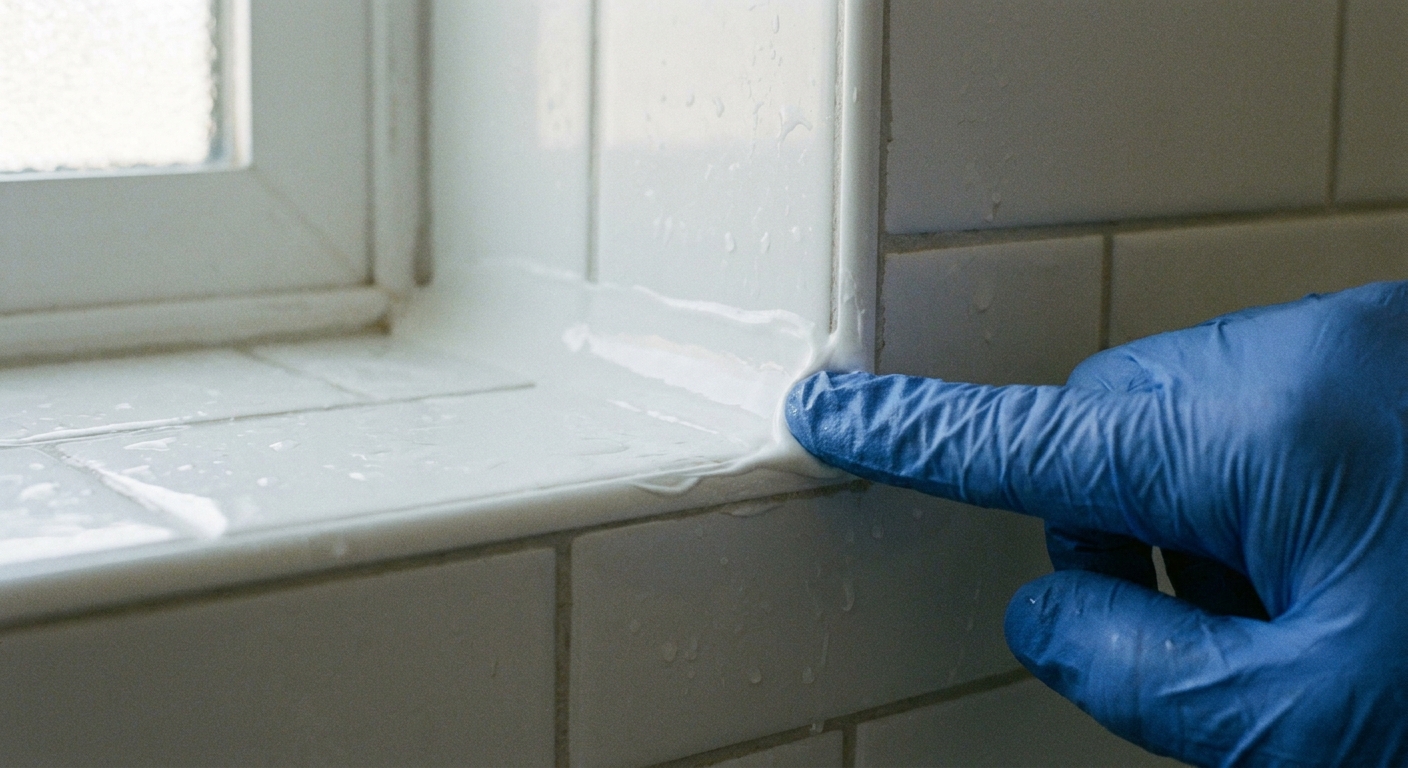 A real photo close-up of a gloved finger smoothing a fresh white silicone caulk bead in a shower corner, leaving a neat concave finish