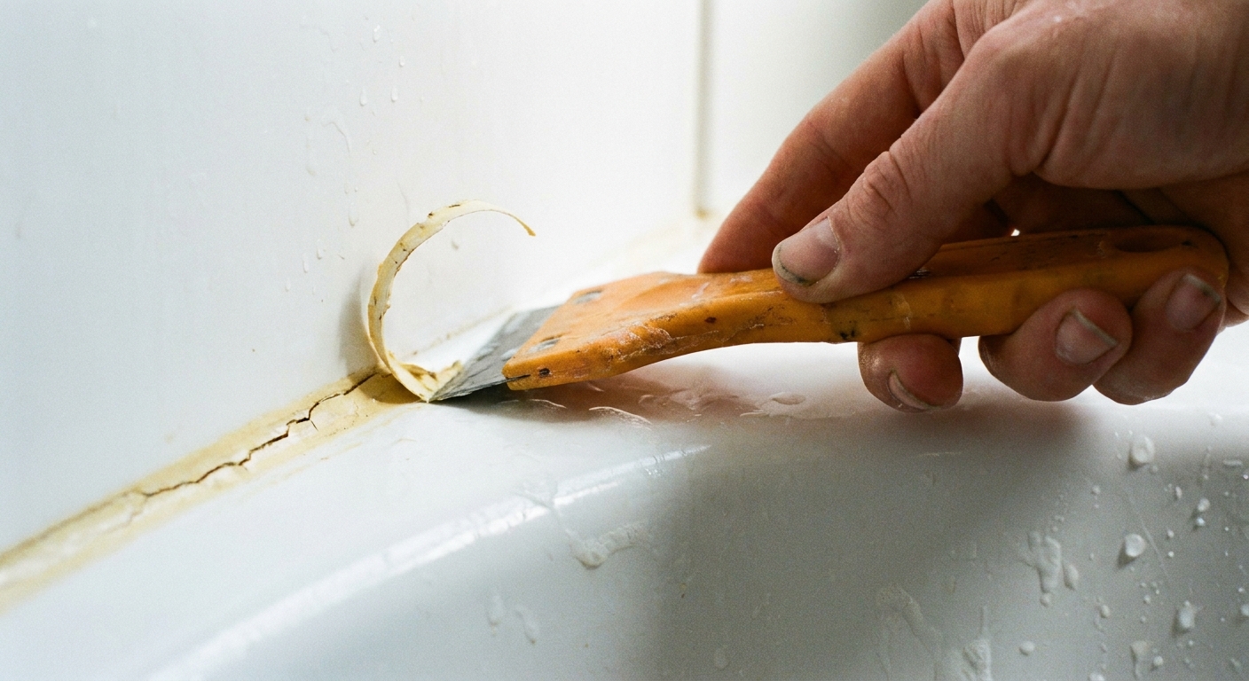 A real photo close-up of a hand using a plastic razor scraper to lift old caulk from an acrylic shower surround corner, with the scraper held shallow to avoid scratching