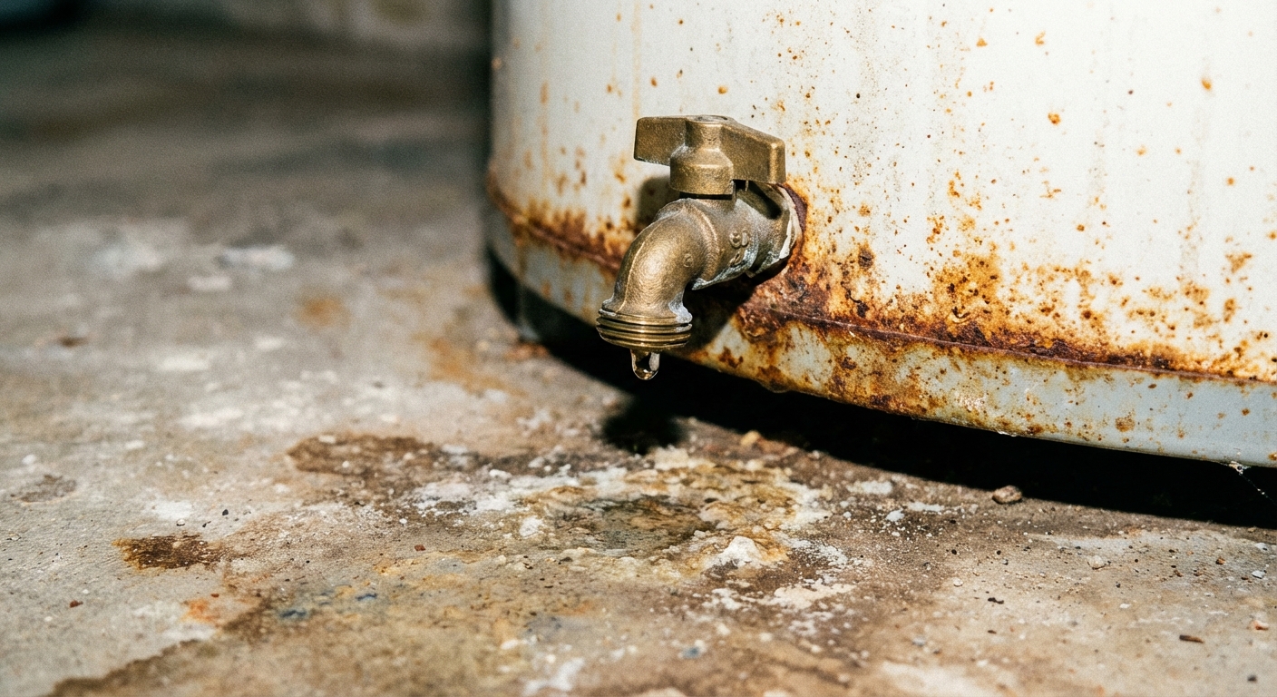 A real photo close-up of a tank water heater drain valve near the bottom with a small droplet forming at the spout, concrete floor visible below, no text