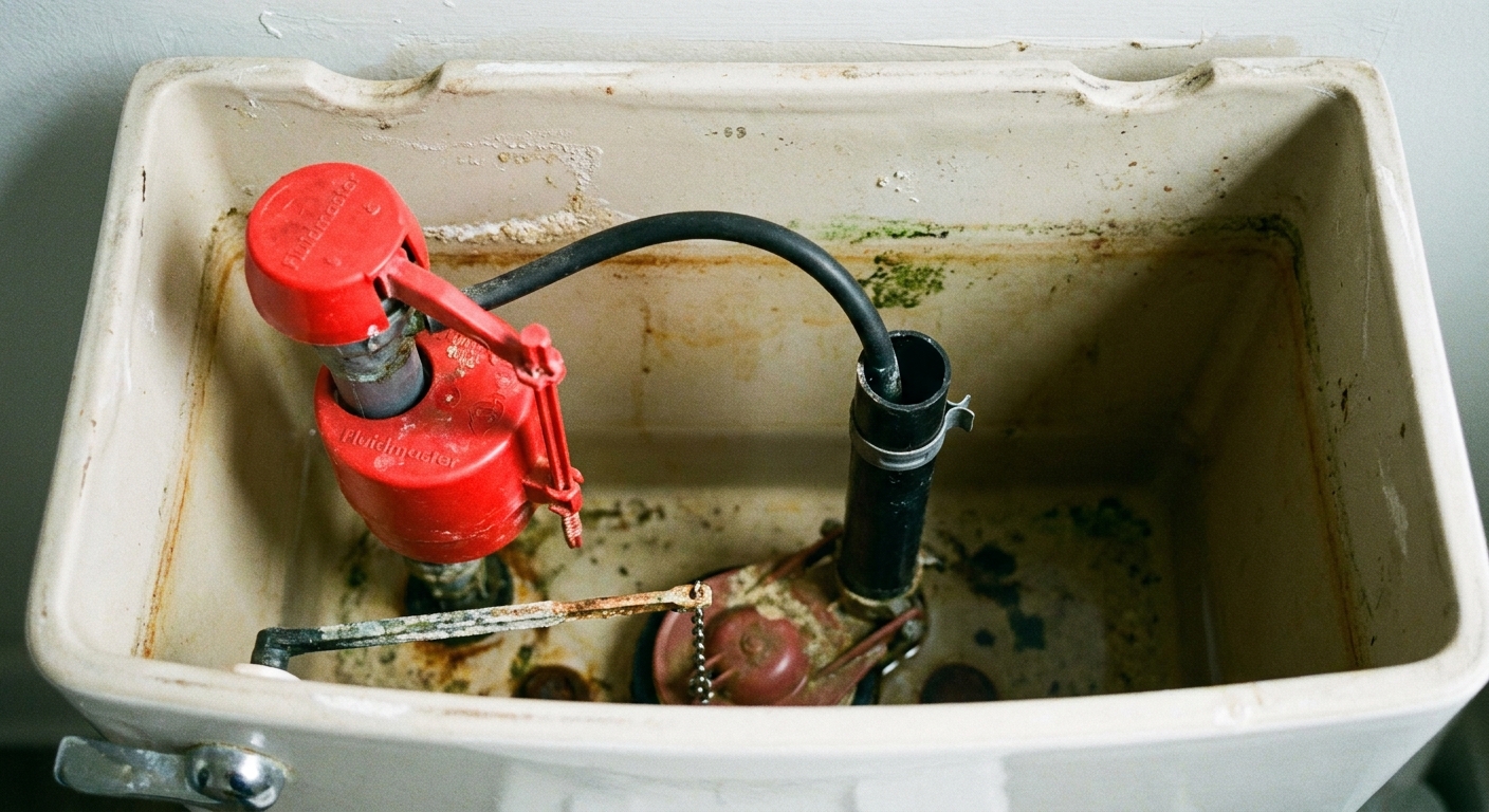 A real photo close-up of a toilet tank interior showing the fill valve, float, and refill tube with the tank lid removed