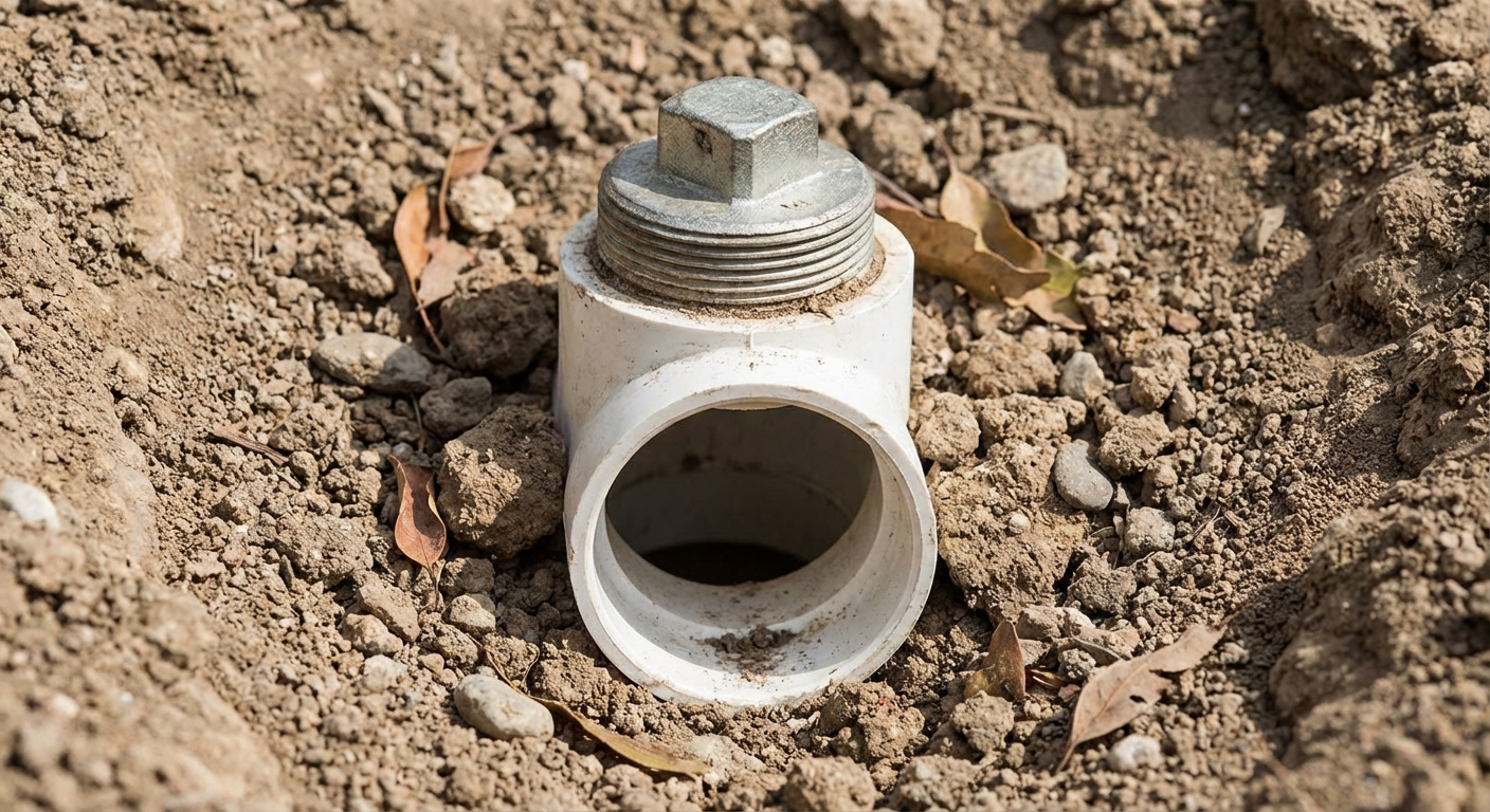 A real photo close-up of a white PVC sewer cleanout fitting with a square-head threaded cap at ground level, with light dirt around the pipe
