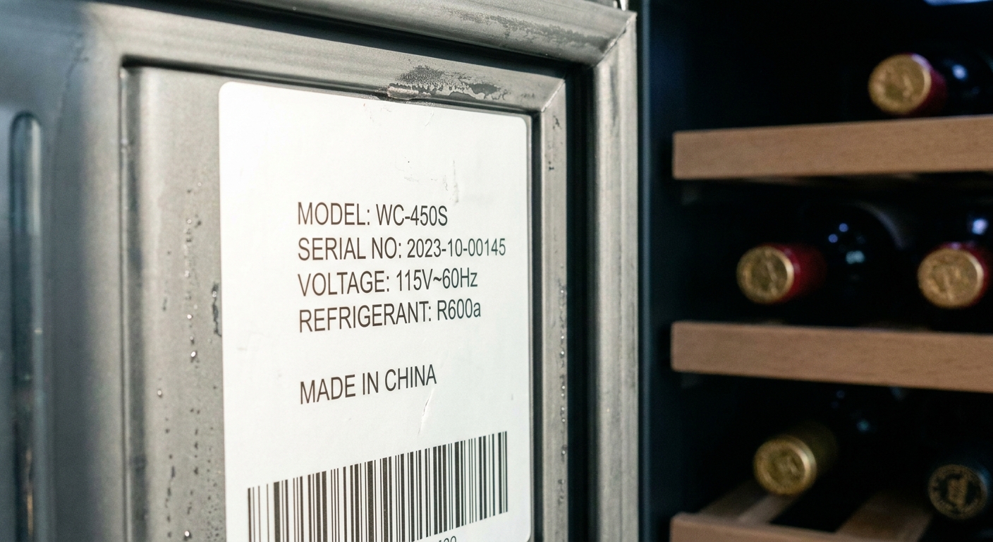 A real photo close-up of a wine cooler model and serial number label mounted on the inside wall near the door opening