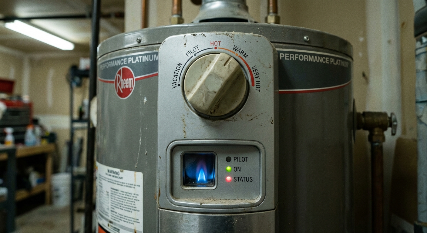 A real photo close-up of the front of a gas water heater showing the temperature control knob and status panel, indoor utility room lighting