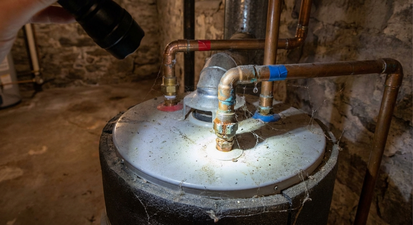 A real photo close-up of the top of a tank water heater showing hot and cold supply lines with fittings and a flashlight beam illuminating a small drip at a connection, indoor basement setting, no text
