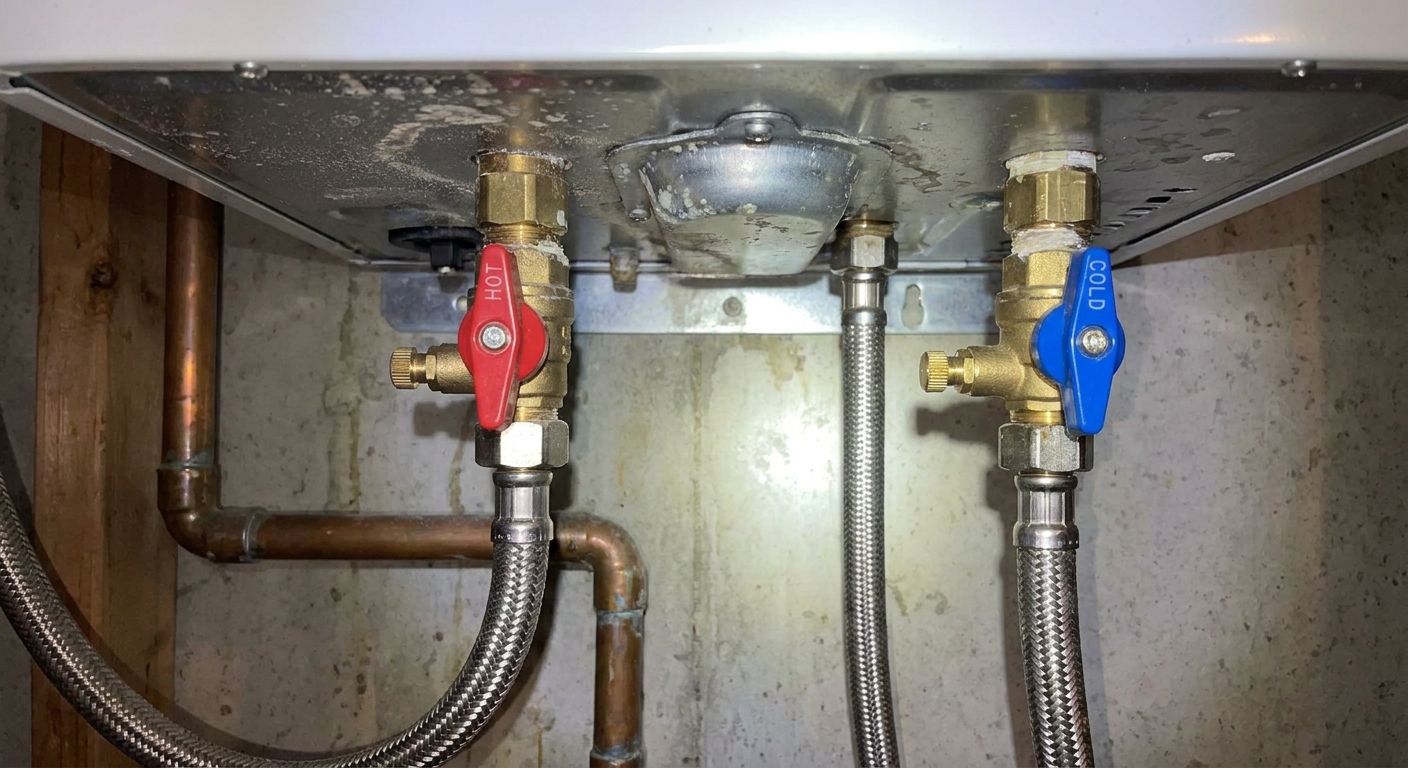 A real photo close-up of the underside of a tankless water heater showing the hot and cold isolation valves with small capped service ports and flexible braided hoses nearby