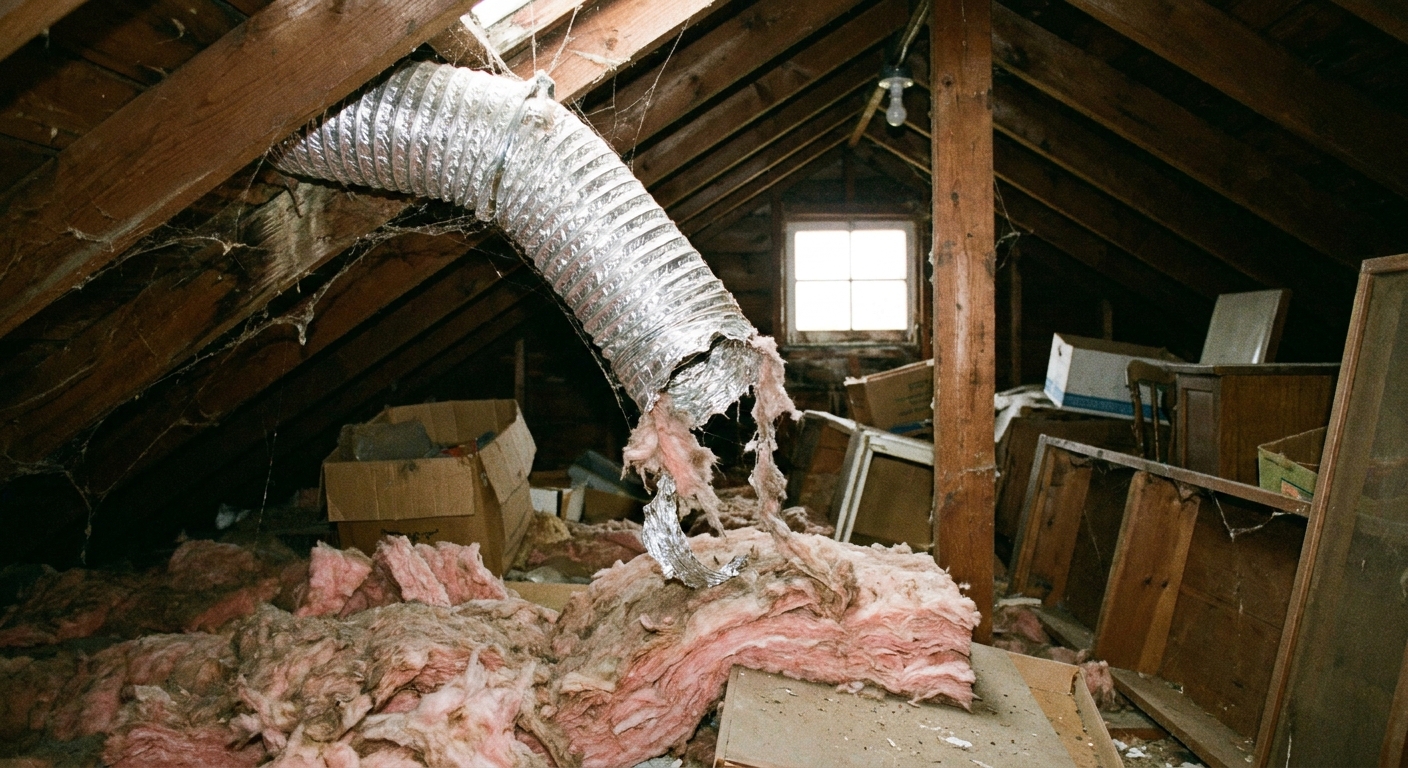 A real photo in an attic showing a disconnected bathroom exhaust fan flex duct hanging near insulation