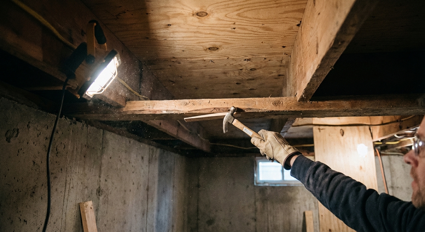 A real photo in an unfinished basement showing a hand tapping a thin wood shim between a floor joist and the underside of a plywood subfloor