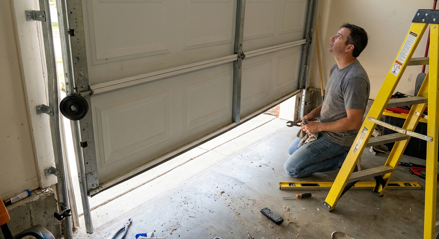 A real photo inside a garage showing a sectional garage door sitting slightly crooked with one side roller popped out of the metal track, tools on the floor nearby, natural garage lighting