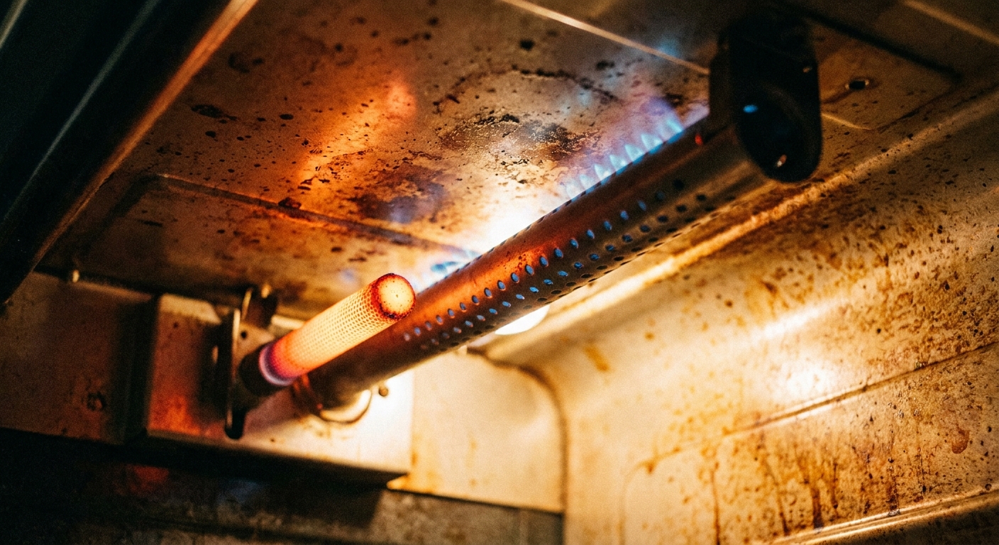 A real photo inside a gas oven showing the top broiler burner area with a glowing hot surface igniter near the burner