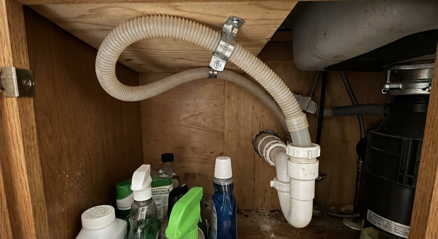 A real photo inside a kitchen sink base cabinet showing a dishwasher drain hose clipped high up under the countertop before it drops down to the drain connection