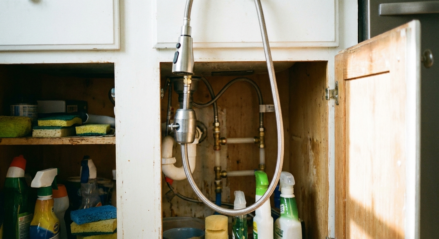 A real photo inside a sink cabinet showing a pull-down faucet sprayer hose and counterweight, with the hose connection visible near the faucet body