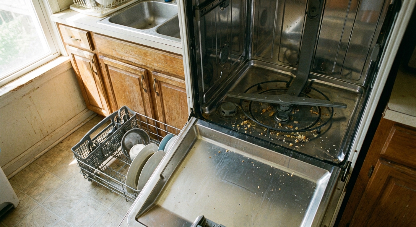A real photo looking down into an open dishwasher with the bottom rack pulled out, showing the filter area and lower spray arm in a normal home kitchen, natural light