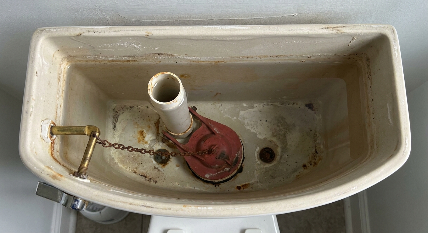 A real photo looking down into an open toilet tank showing the flapper connected to the handle by a chain, with the overflow tube behind it