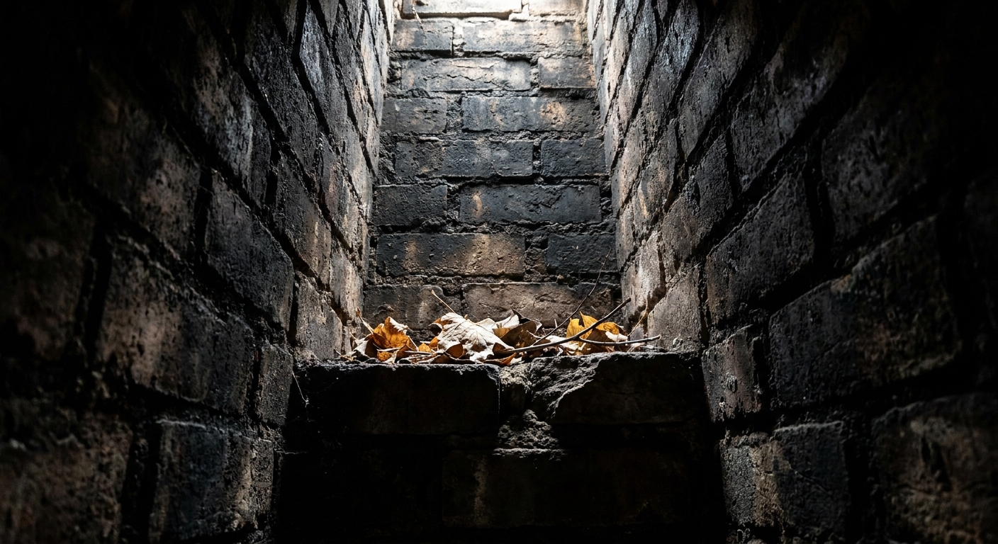 A real photo looking up inside a masonry chimney flue with soot-stained bricks and a small pile of twigs and leaves near the smoke shelf, natural lighting