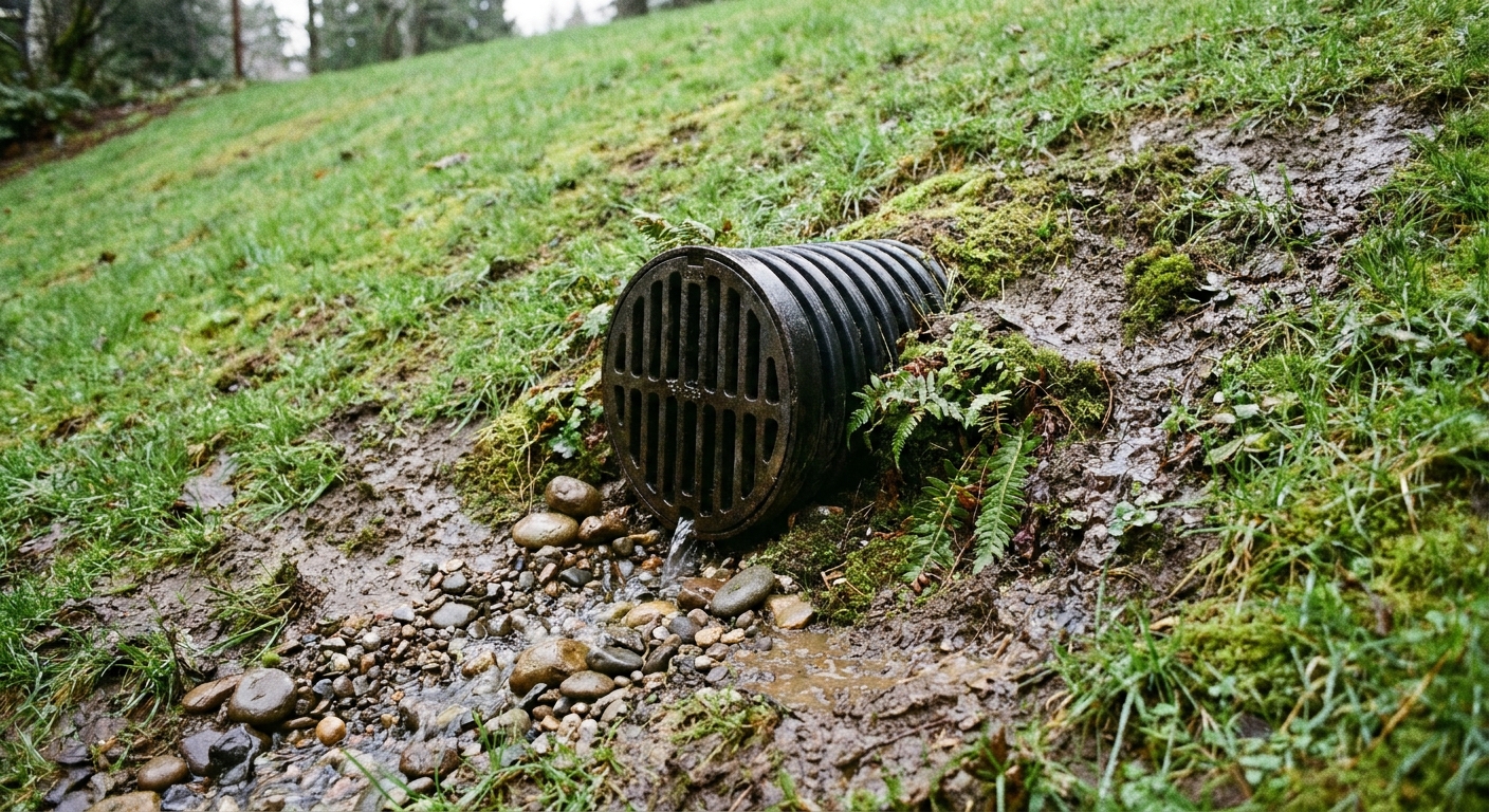 A real photo of a French drain outlet pipe on a grassy slope with a black grated cover, wet soil and small rocks around the discharge area