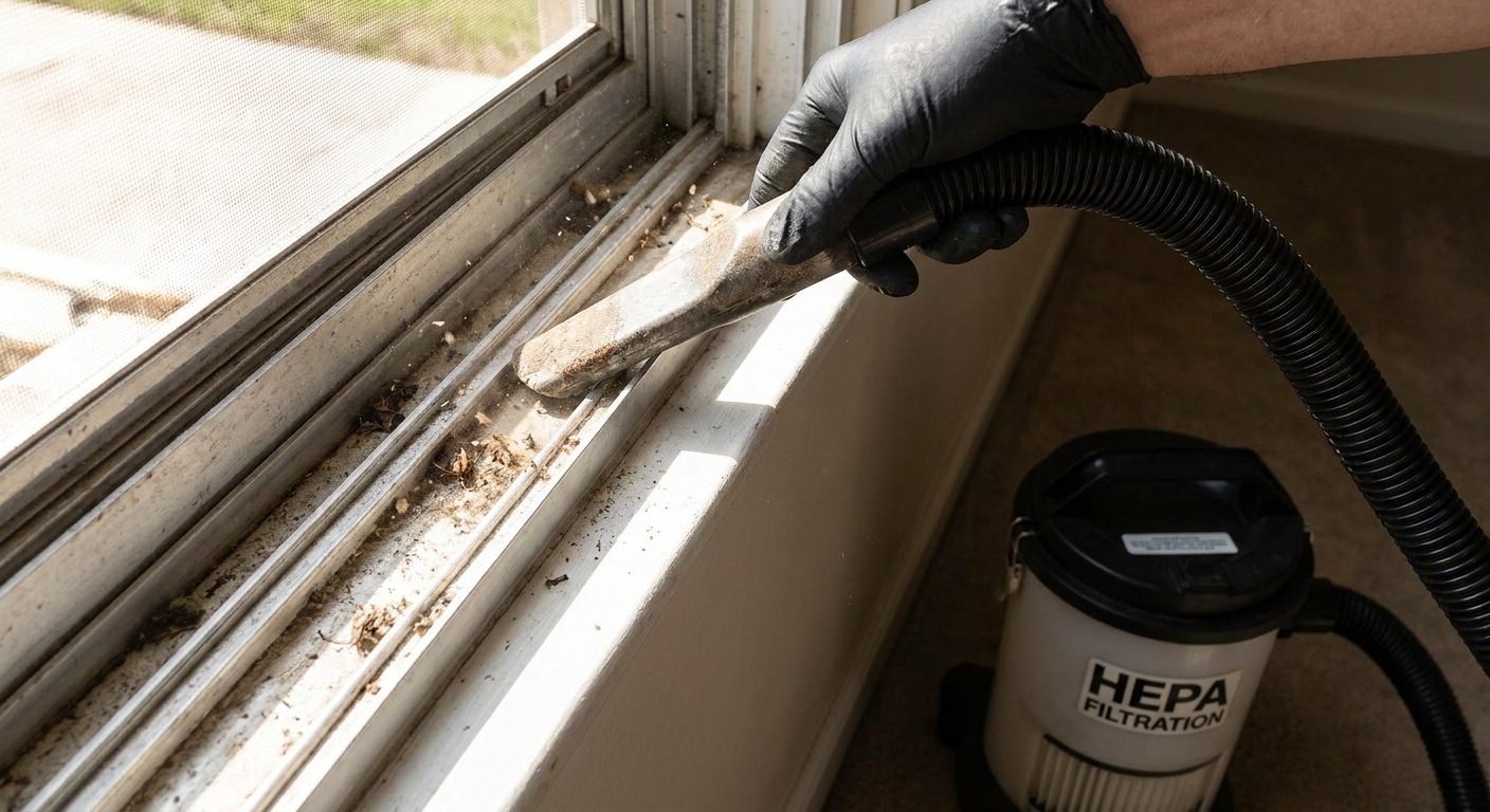 A real photo of a HEPA vacuum hose nozzle cleaning debris from a window track during home maintenance